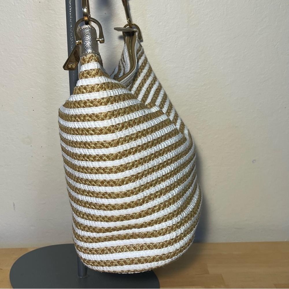 Eric Javits Straw Tan White Stripe Dame Bucket Bag - Picture 3 of 16